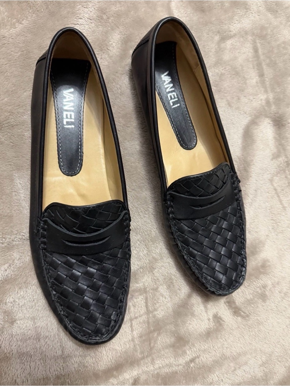 Vaneli Black Woven Penny Loafers with Leather Inlay